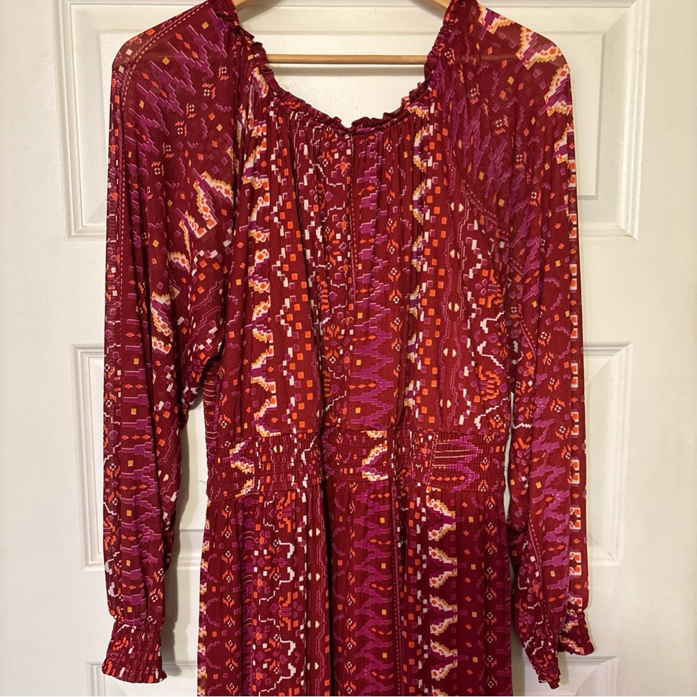 Knox Rose boho long sleeve dress deep hibiscus red Aztec hippie festival pockets - Picture 8 of 10